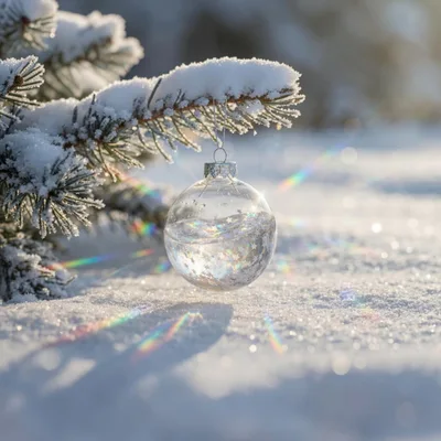 Clear Glass Christmas Ornament Hanging On Snowy Pine Branch