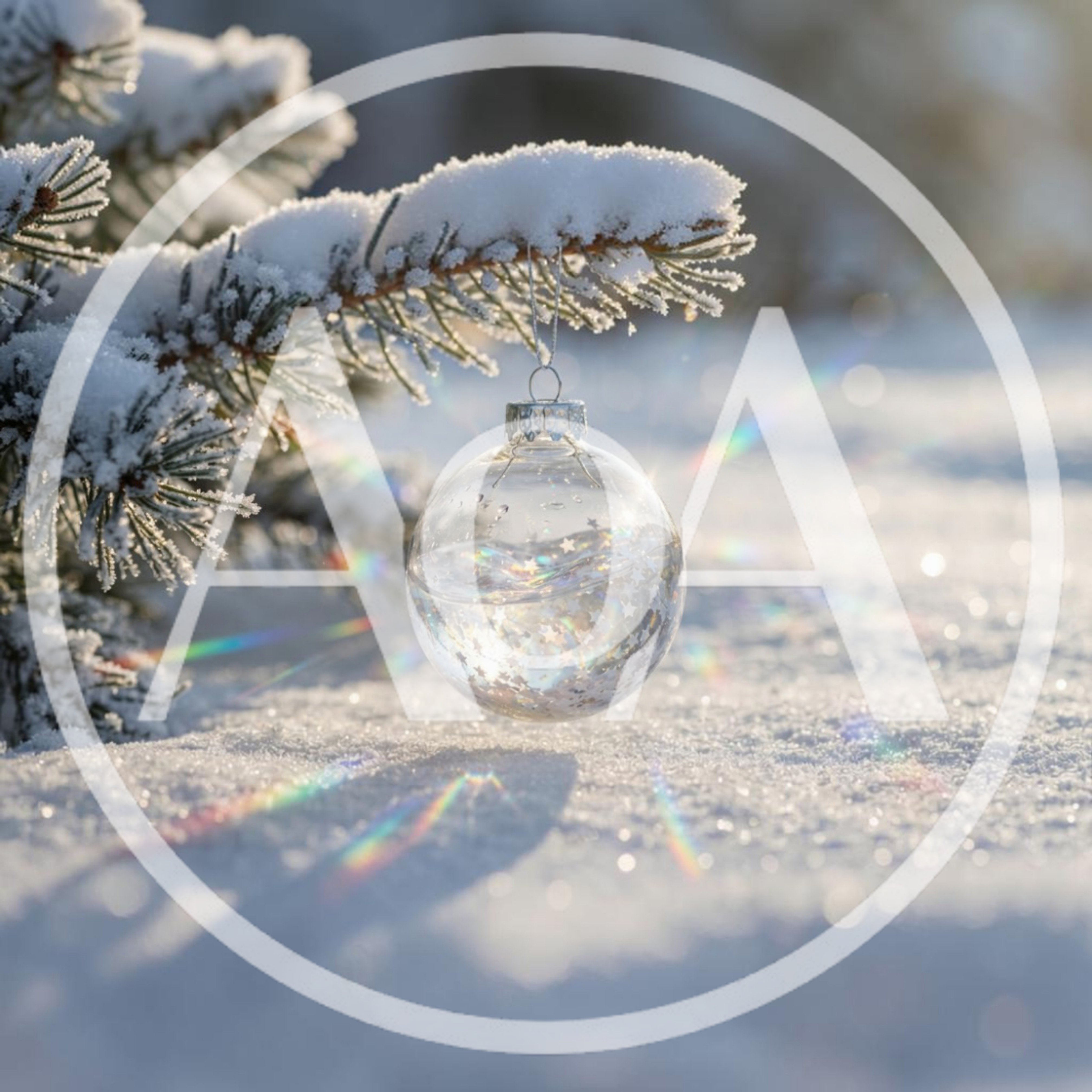 Clear Glass Christmas Ornament Hanging On Snowy Pine Branch