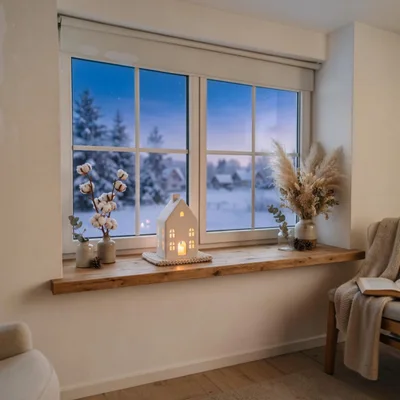 Cozy Winter Window Sill With Decorative House And Dried Flowers