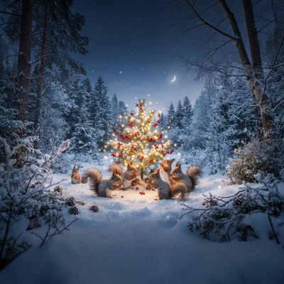 Group Of Squirrels Gathering Around A Lit Christmas Tree