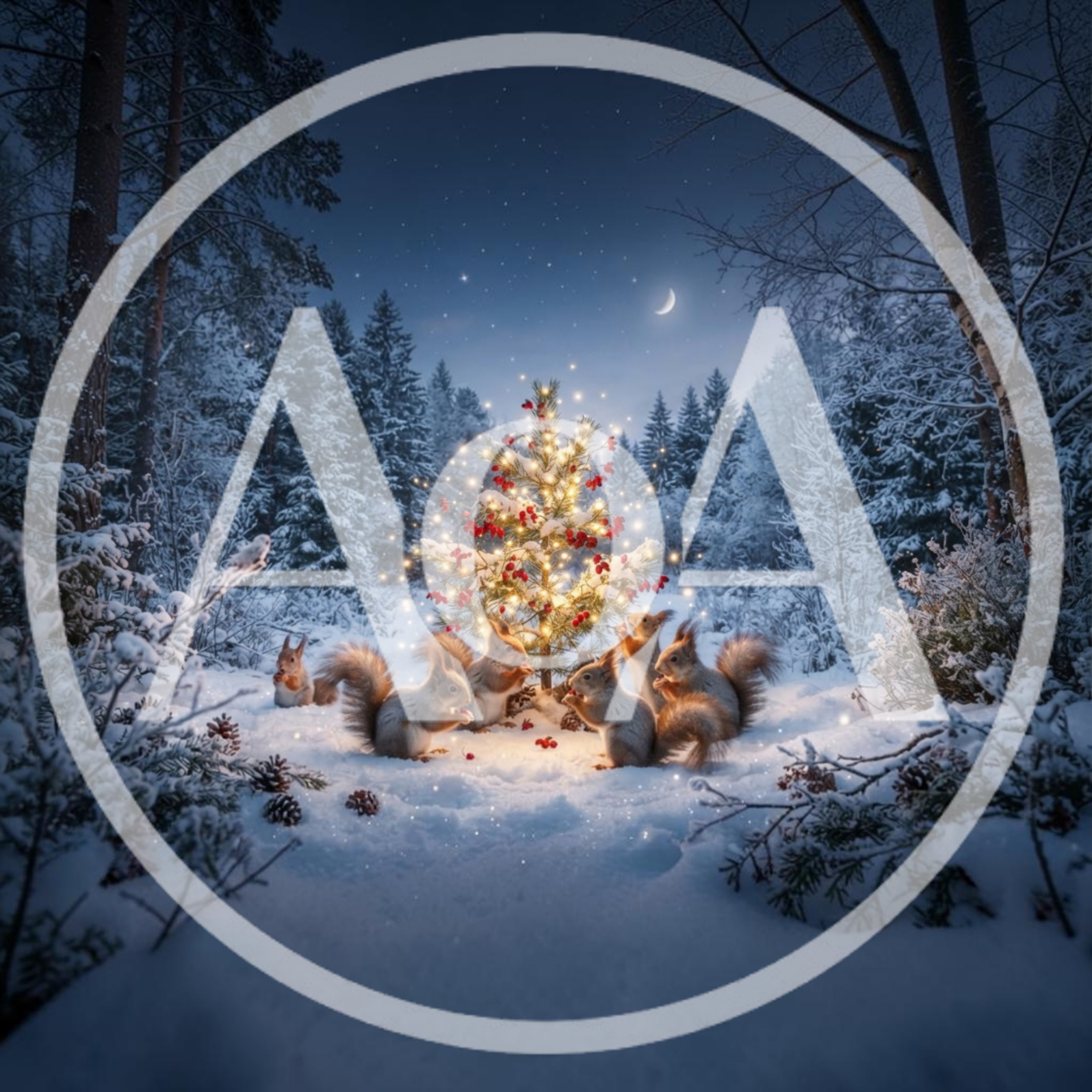 Group Of Squirrels Gathering Around A Lit Christmas Tree
