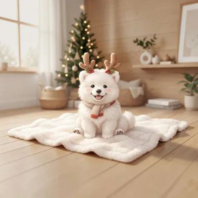 Cute Fluffy Puppy Wearing Reindeer Antlers