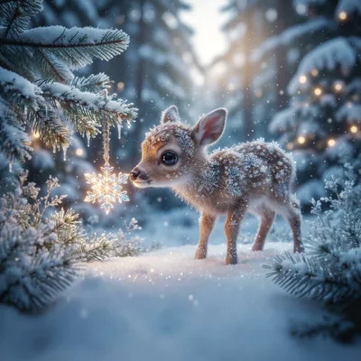 Cute Fawn Looking At A Glowing Snowflake Ornament