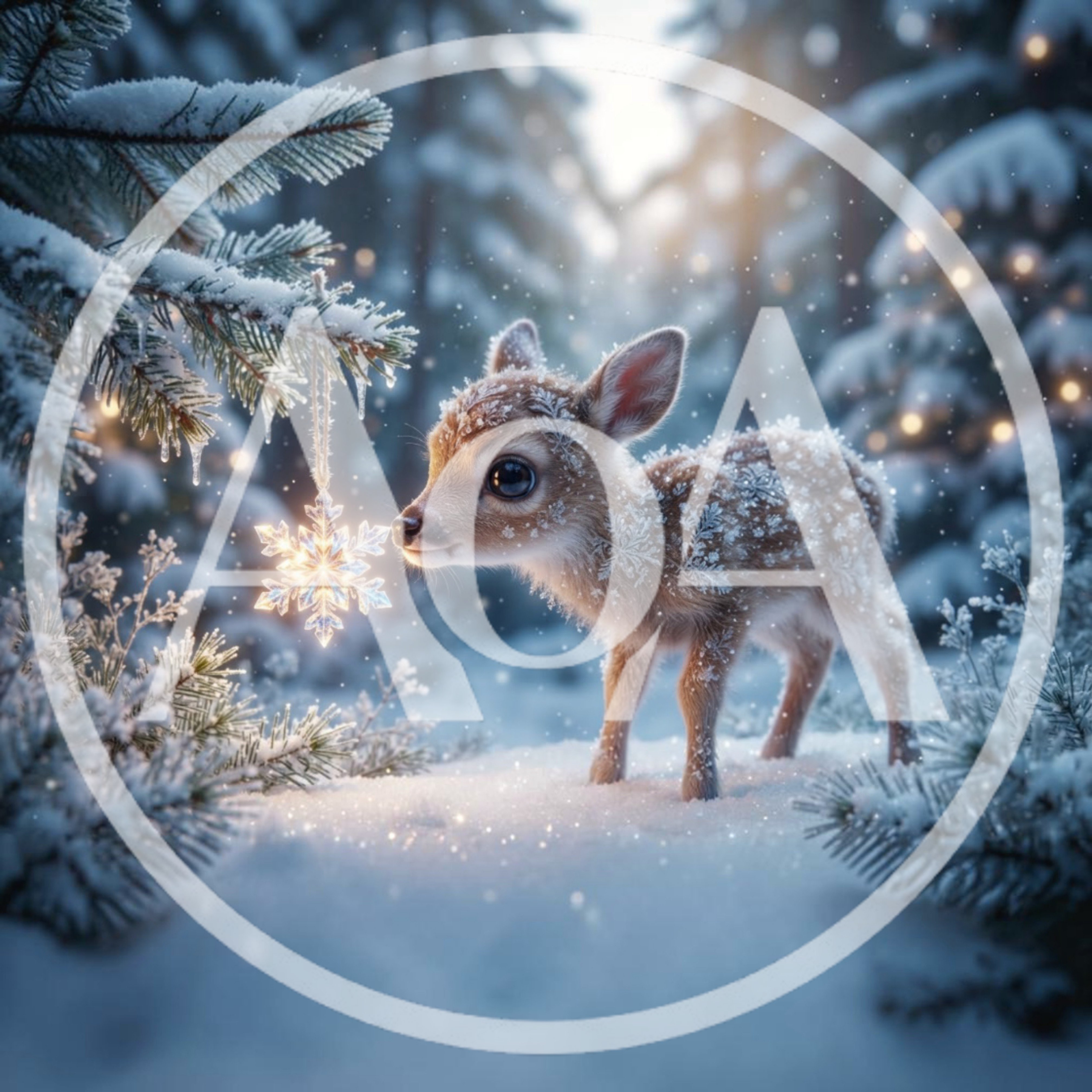 Cute Fawn Looking At A Glowing Snowflake Ornament