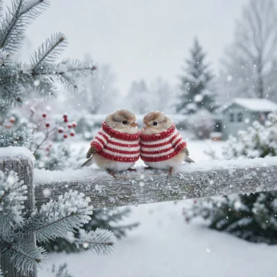 Two Small Birds Wearing Striped Sweaters on Snowy Fence