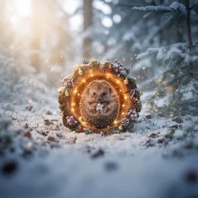 Cute Hedgehog Holding Star Inside Decorated Log