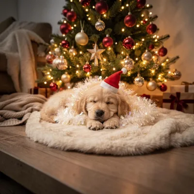 Sleeping Golden Retriever Puppy Wearing Santa Hat