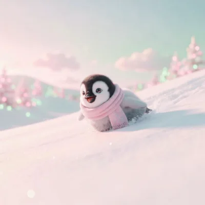 Cute Baby Penguin Sliding Down Snowy Hill
