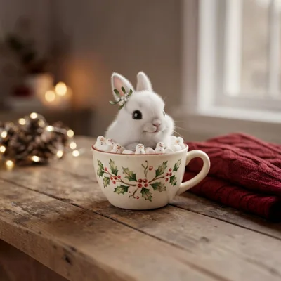 Cute White Bunny Sitting In A Christmas Teacup