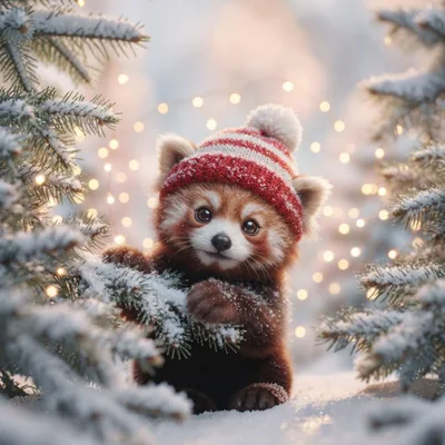 Cute Red Panda Wearing A Winter Hat In Snow