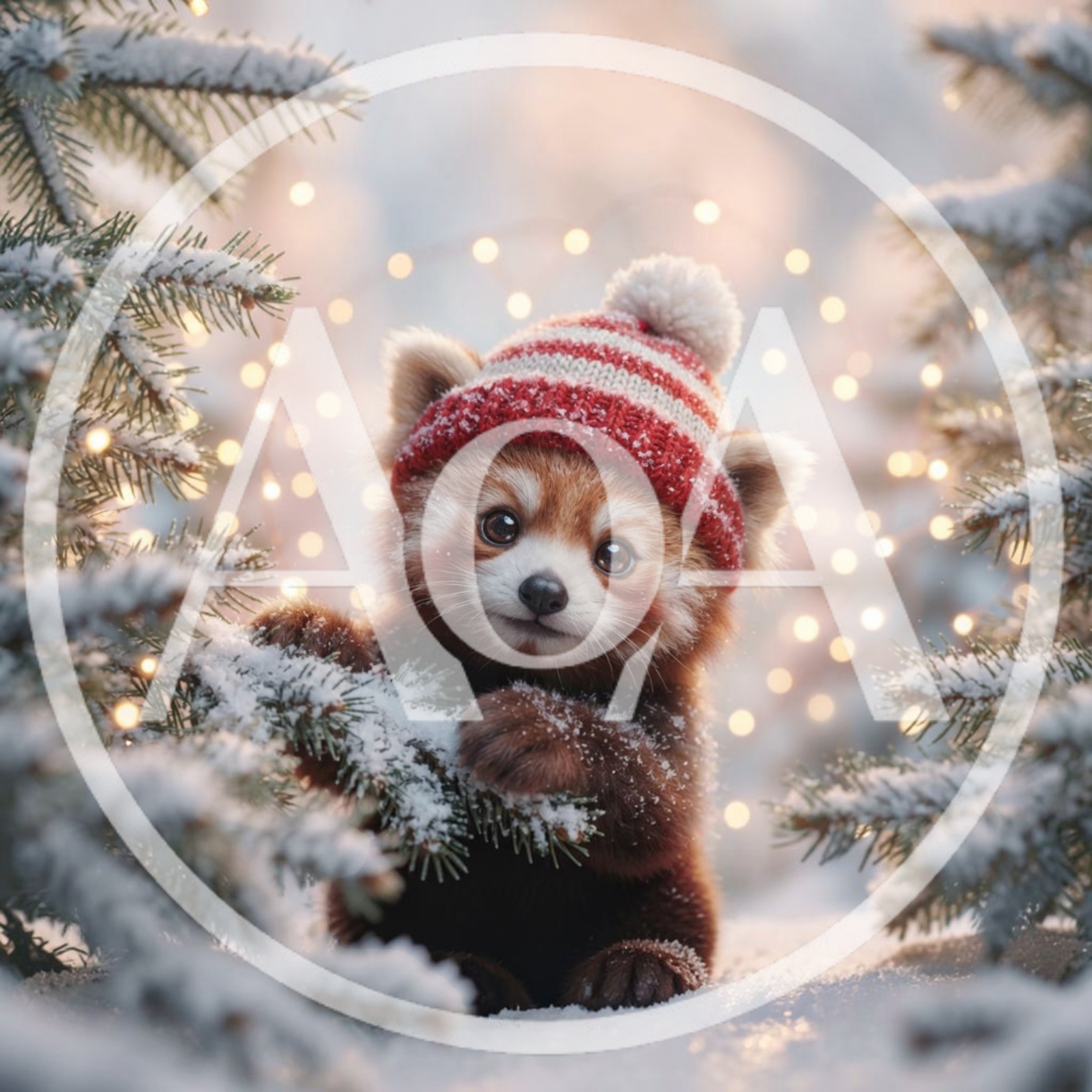 Cute Red Panda Wearing A Winter Hat In Snow