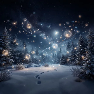 Glowing Dandelion Seeds Floating Over Snowy Winter Forest
