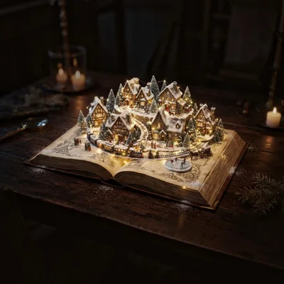 Miniature Christmas Village Display On Open Book