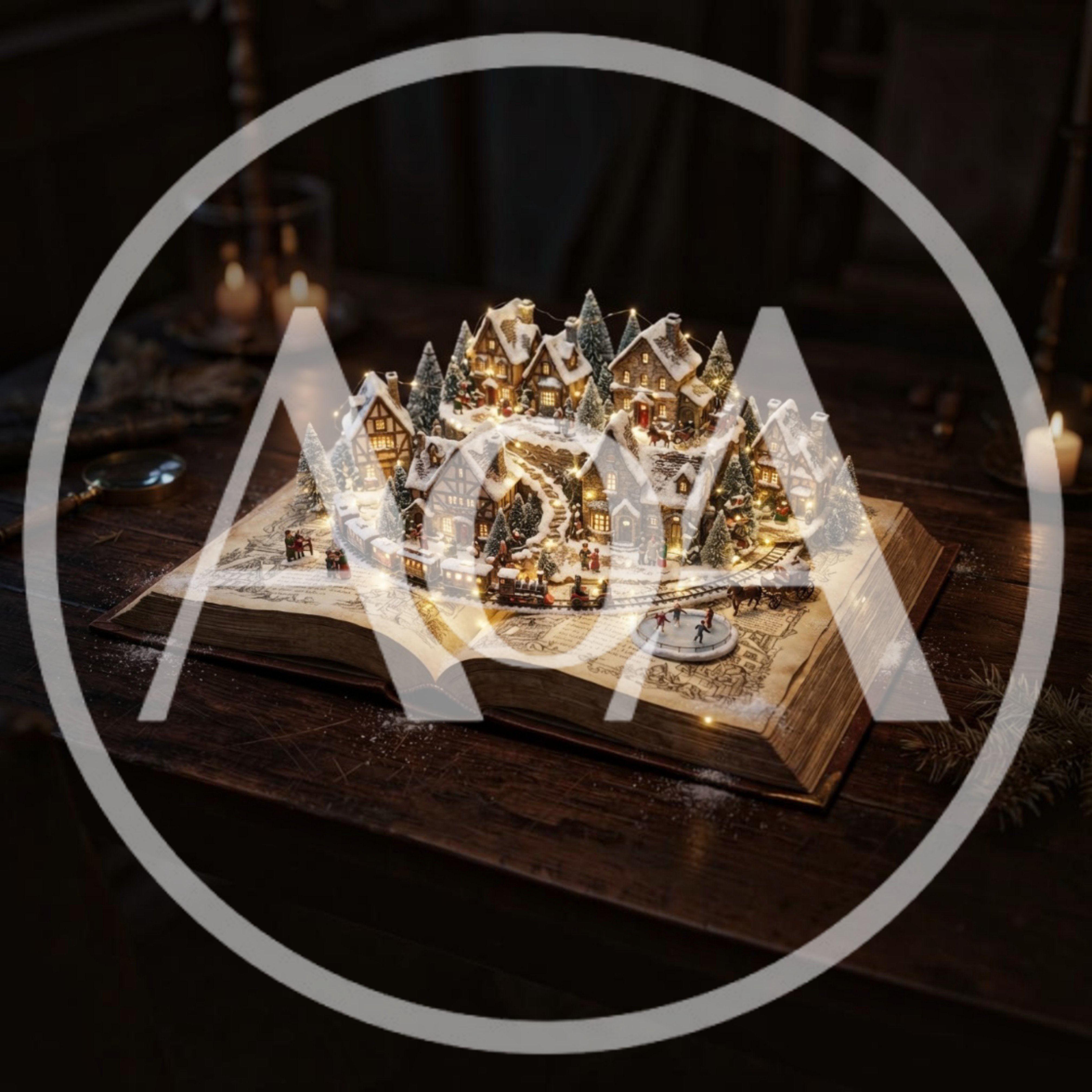 Miniature Christmas Village Display On Open Book