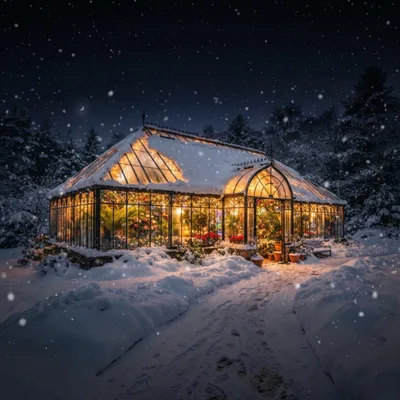 Illuminated Glass Greenhouse In Snowy Winter Forest