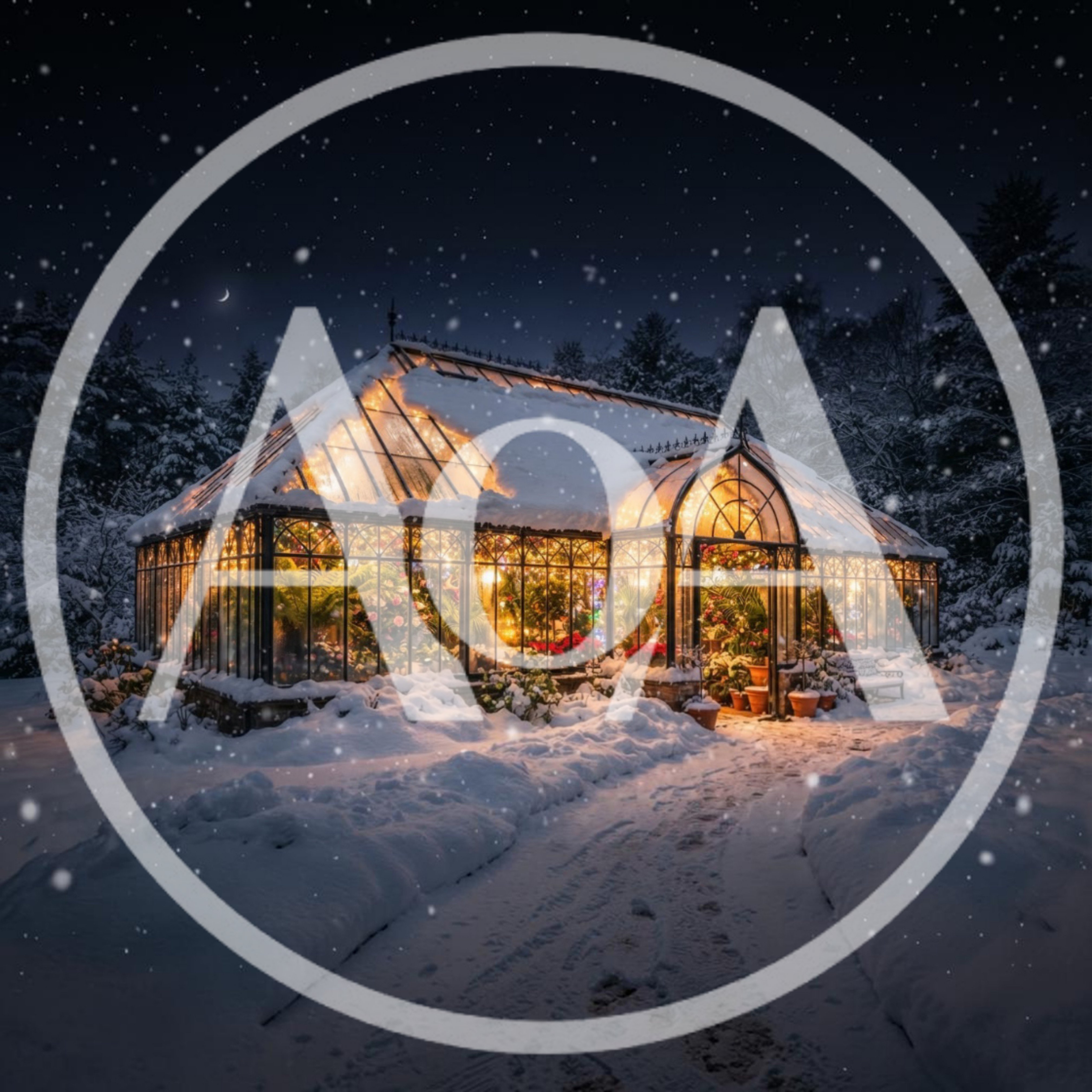 Illuminated Glass Greenhouse In Snowy Winter Forest