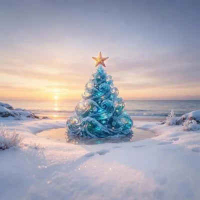 Surreal Ocean Wave Christmas Tree On Snowy Beach