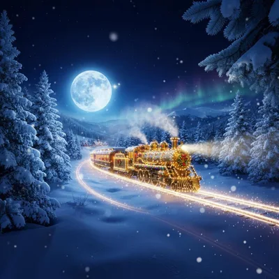 Festive Christmas Steam Train Traveling Through Snowy Landscape