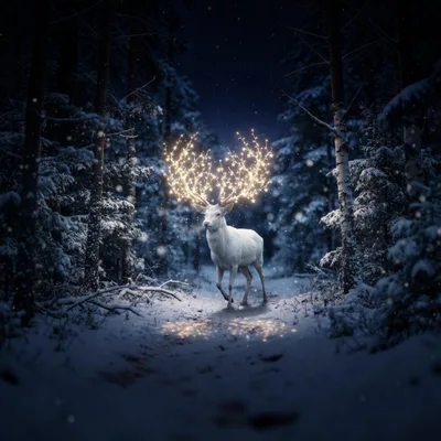 Magical White Deer With Glowing Antlers In Snowy Forest