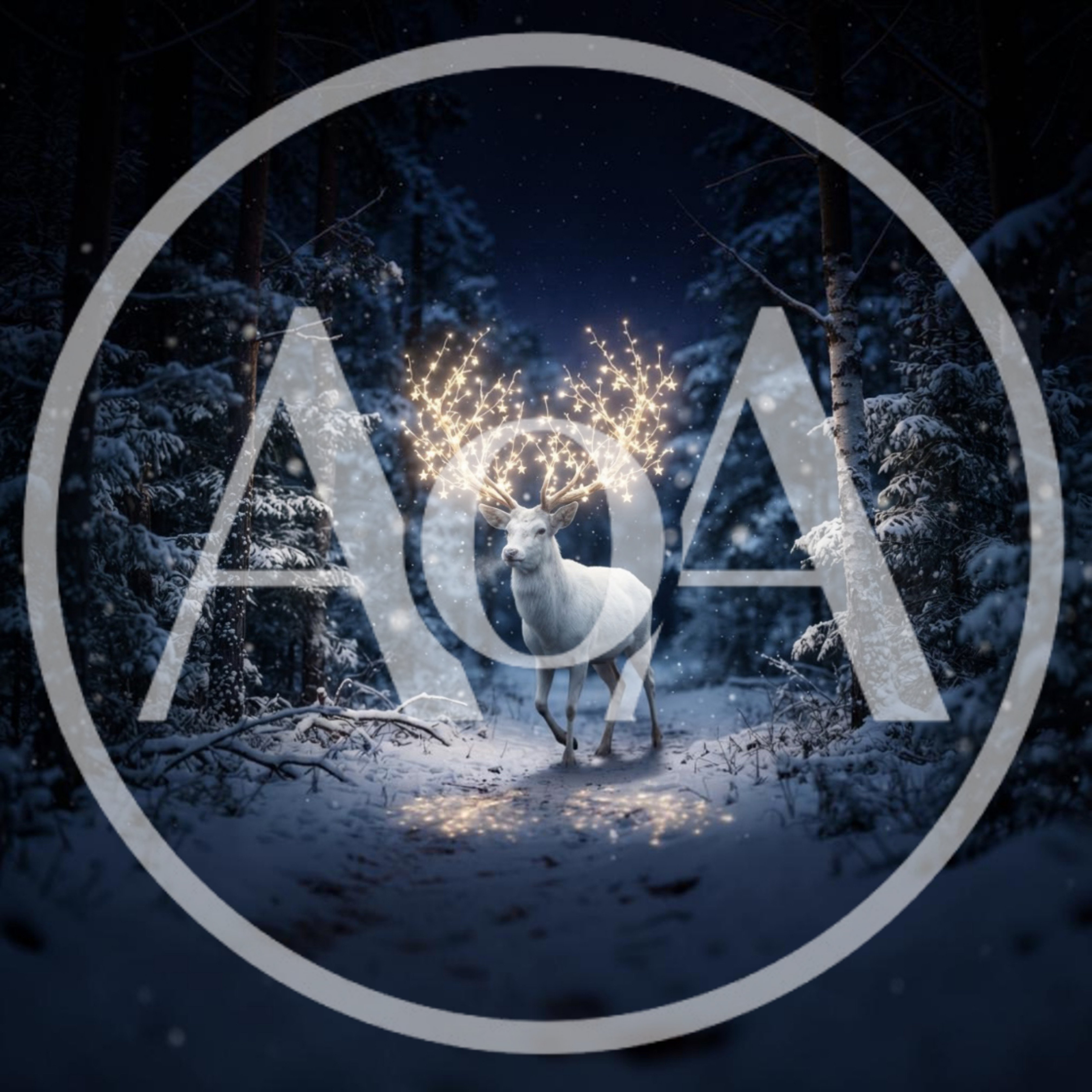 Magical White Deer With Glowing Antlers In Snowy Forest