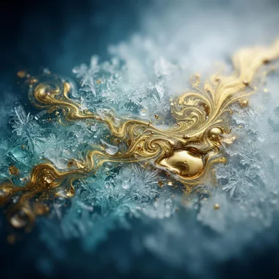 Abstract Gold Liquid Swirls Over Frozen Ice Crystals