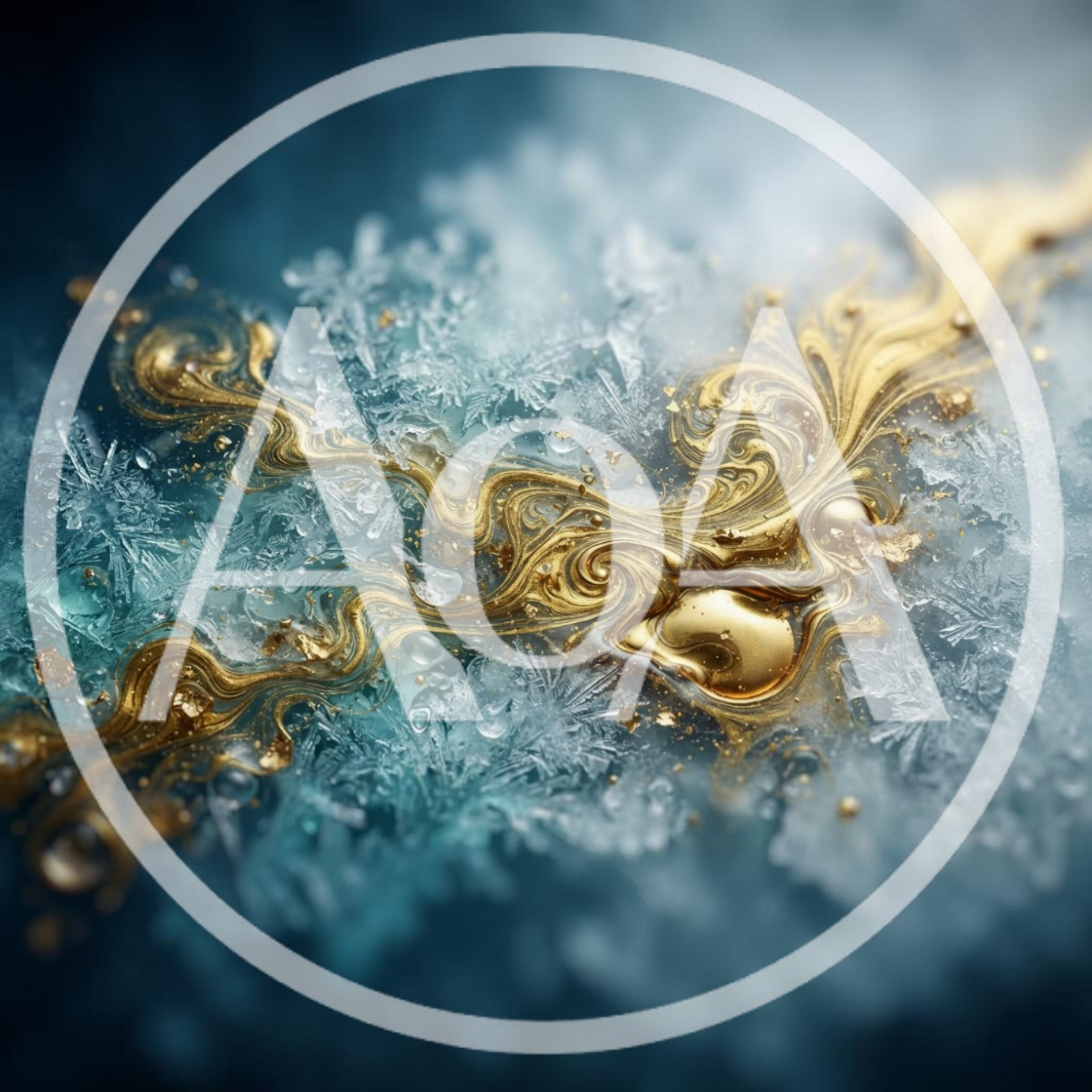 Abstract Gold Liquid Swirls Over Frozen Ice Crystals