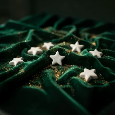 White Ceramic Stars On Green Velvet Fabric