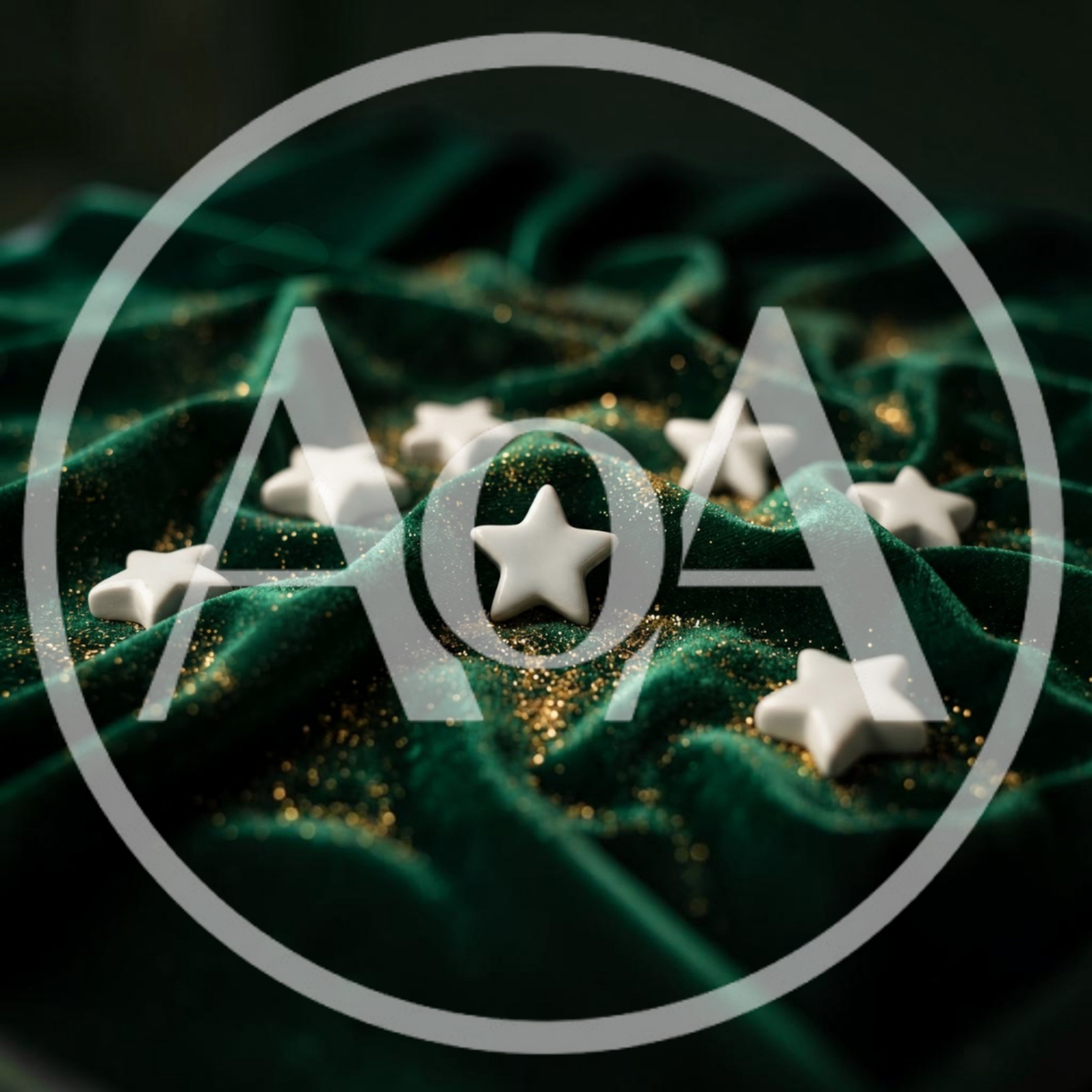White Ceramic Stars On Green Velvet Fabric