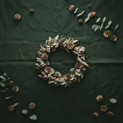 Christmas Wreath With Eucalyptus And Gold Pinecones