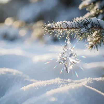 Crystal Star Ornament Hanging On Snowy Pine Branch