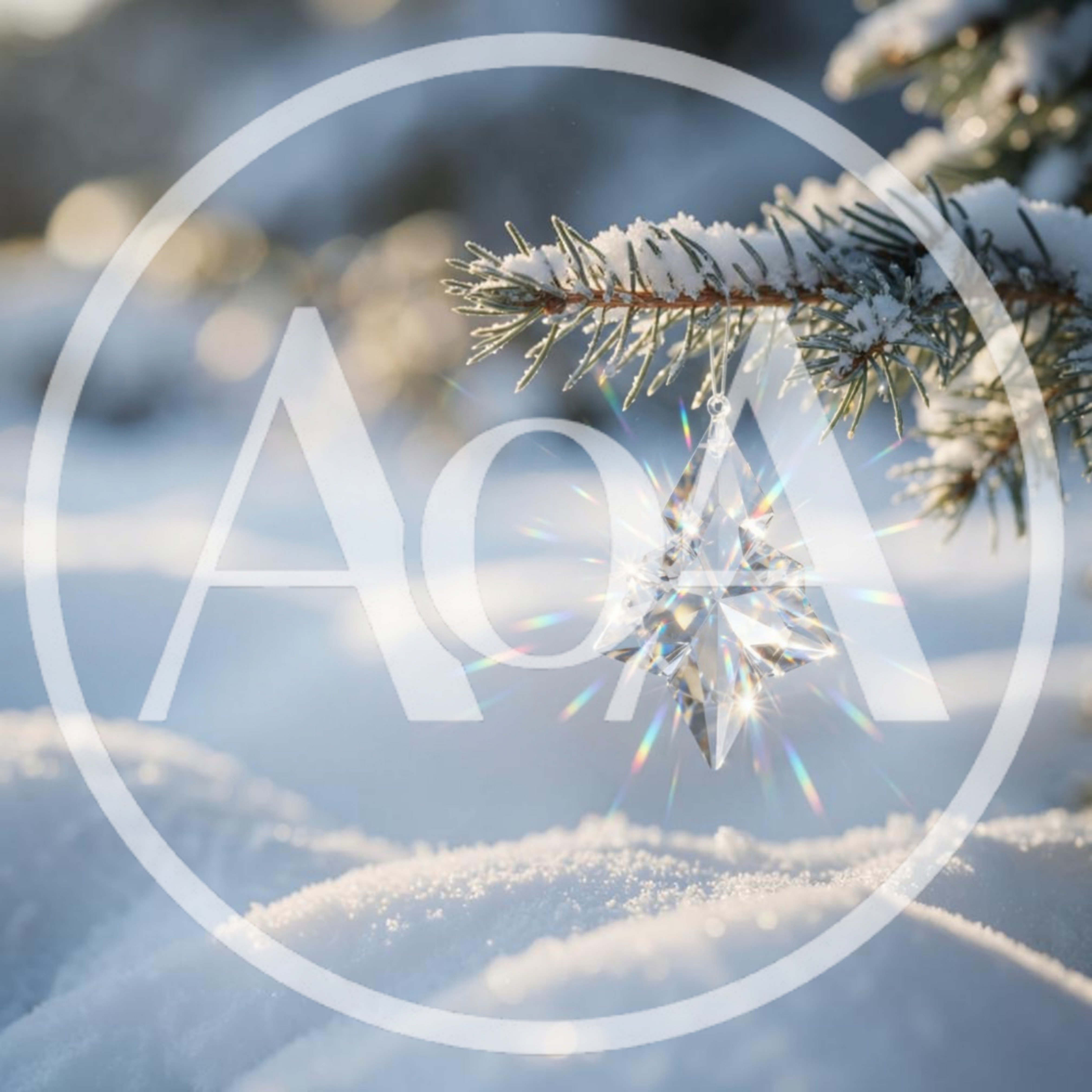 Crystal Star Ornament Hanging On Snowy Pine Branch