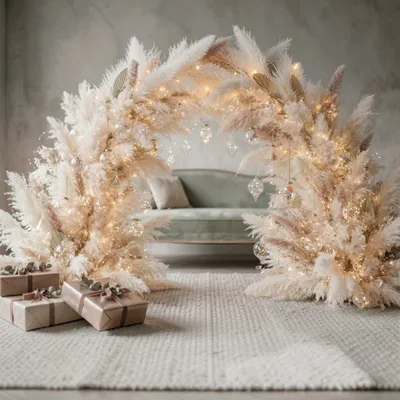 Pampas Grass Arch With Christmas Lights And Gifts