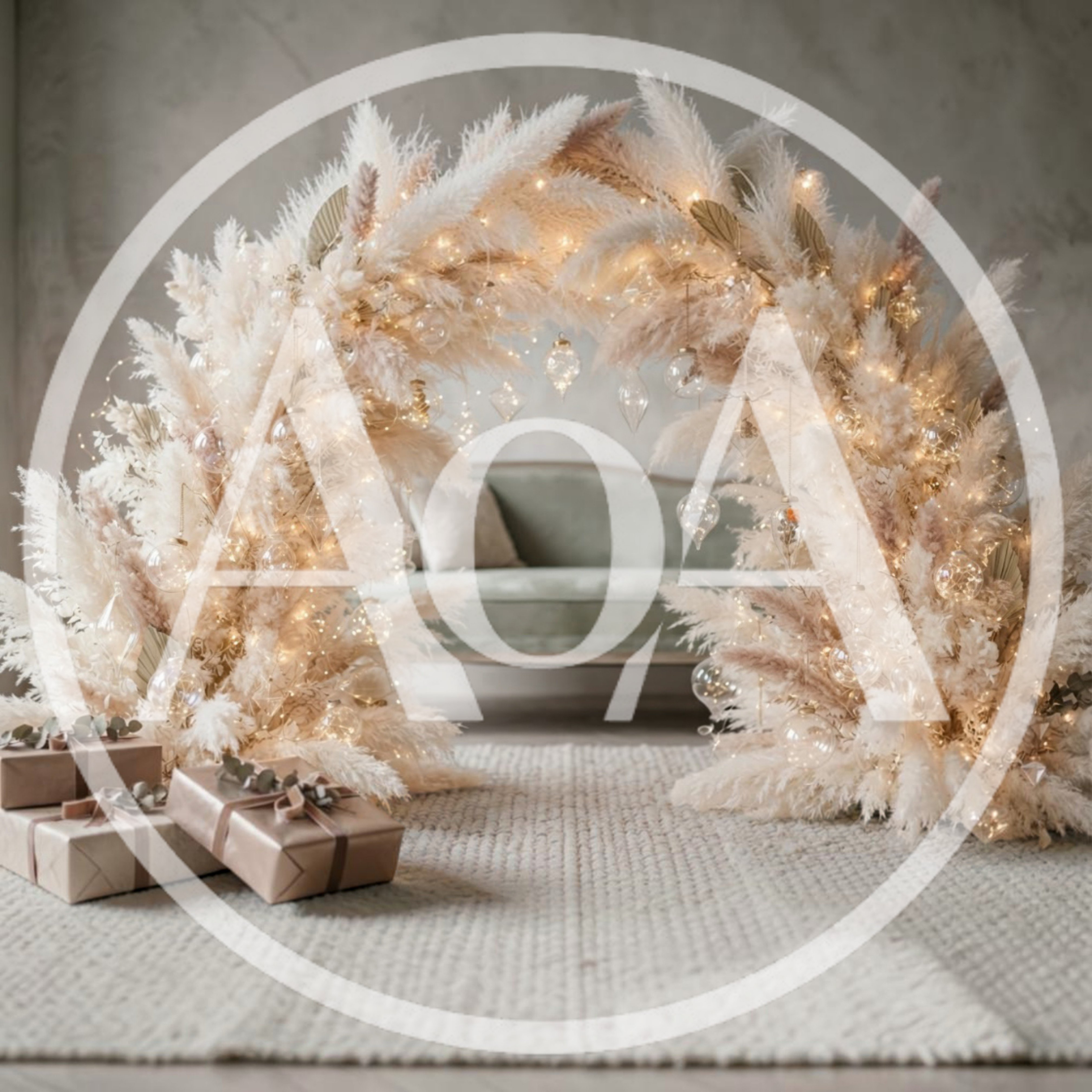 Pampas Grass Arch With Christmas Lights And Gifts