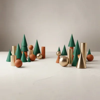 Minimalist Geometric Christmas Tree Decorations on White Surface