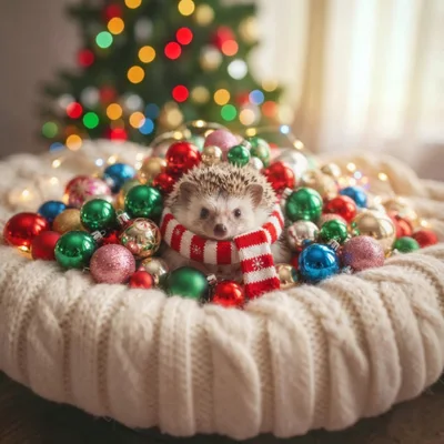 Cute Hedgehog Wearing Scarf Surrounded By Christmas Ornaments
