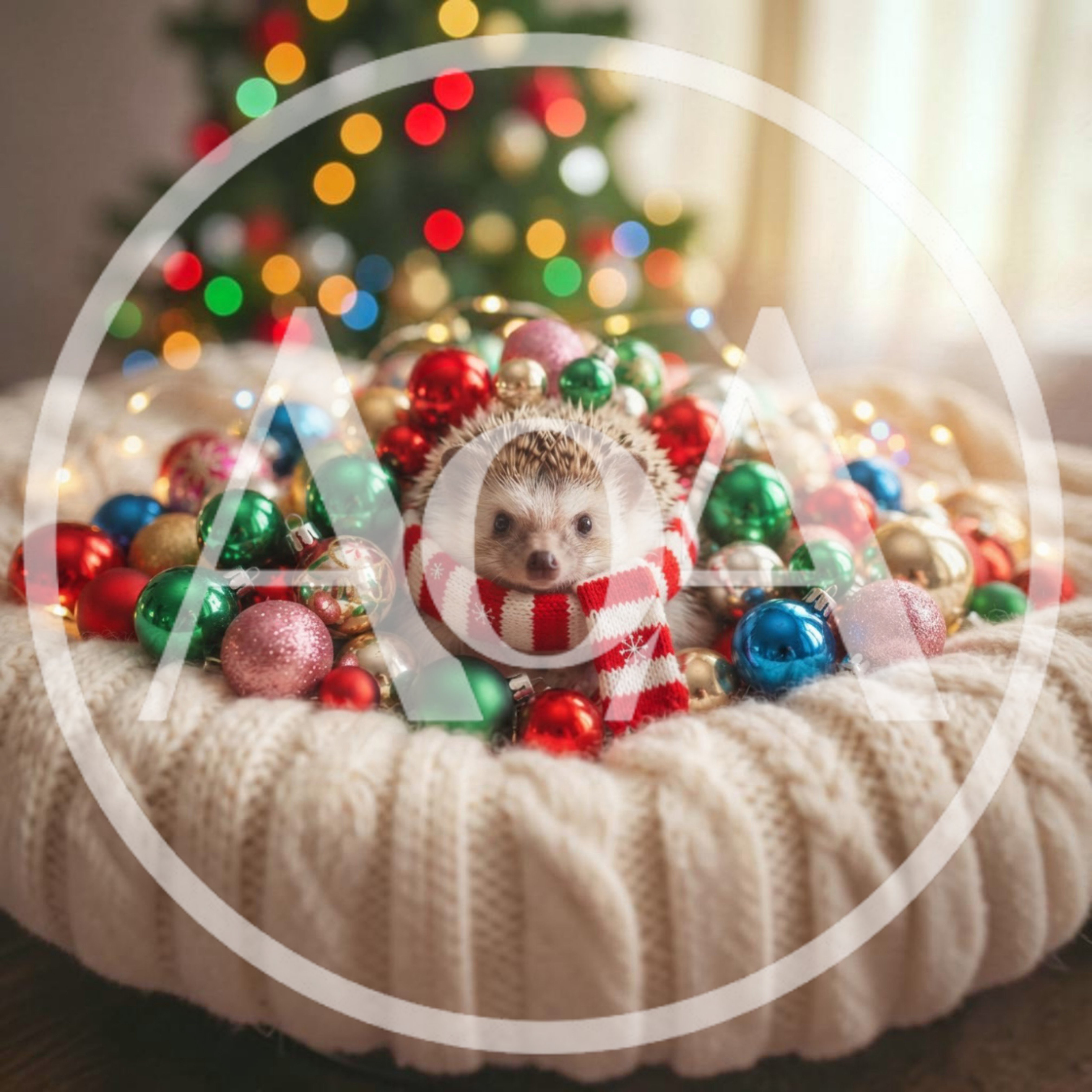 Cute Hedgehog Wearing Scarf Surrounded By Christmas Ornaments