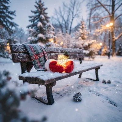 Red Mittens Holding Glowing Jar On Snowy Park Bench