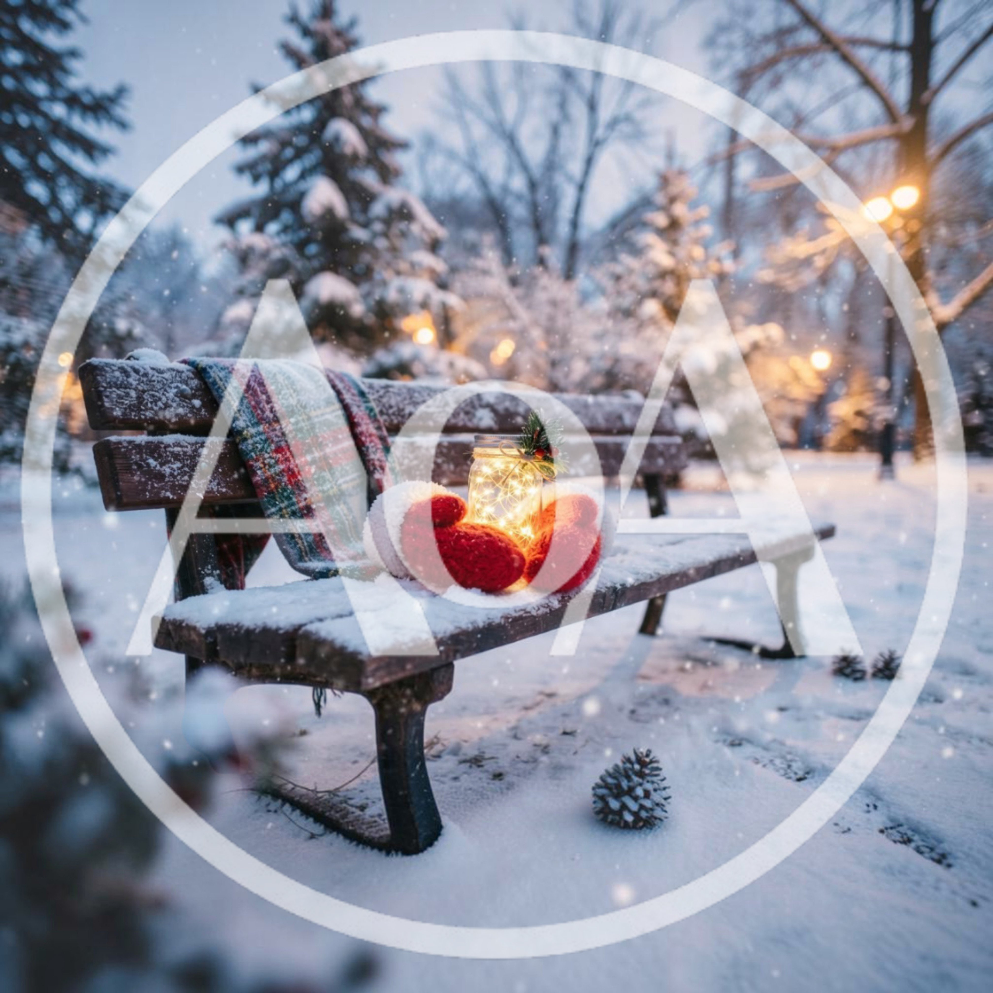 Red Mittens Holding Glowing Jar On Snowy Park Bench