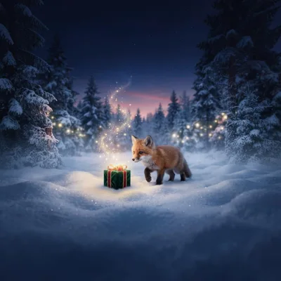 Cute Fox Cub Discovering A Magical Christmas Gift