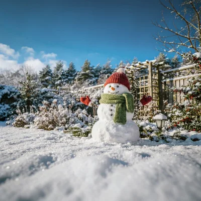 Cheerful Snowman Standing In A Snowy Garden