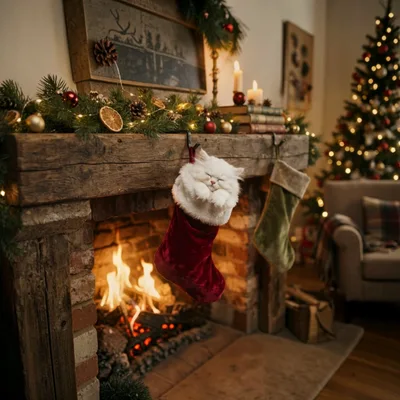 White Kitten Sleeping Inside A Red Christmas Stocking