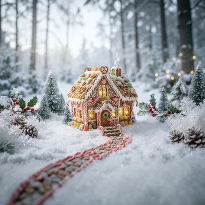 Miniature Gingerbread House in Snowy Winter Forest