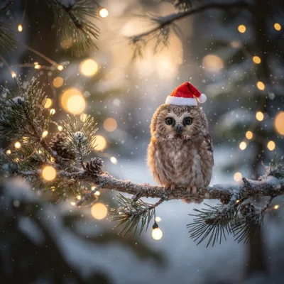 Small Owl Wearing Santa Hat on Snowy Pine Branch