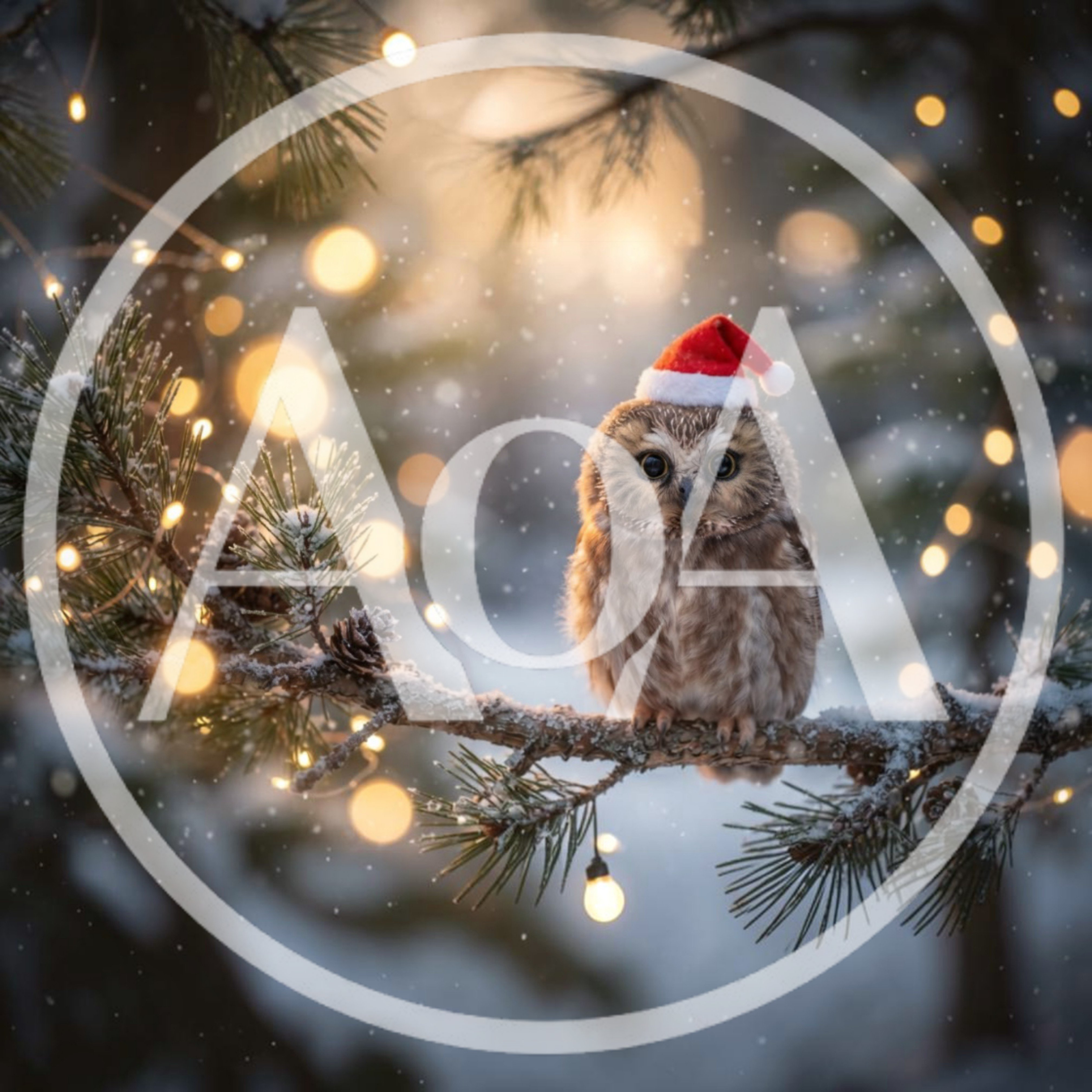 Small Owl Wearing Santa Hat on Snowy Pine Branch