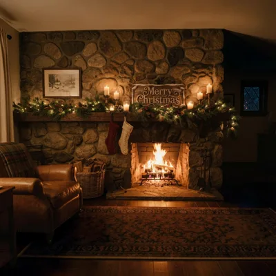 Cozy Christmas Fireplace With Leather Armchair