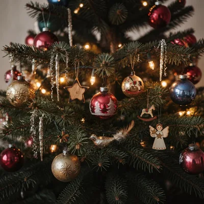 Close Up Of Decorated Christmas Tree With Ornaments