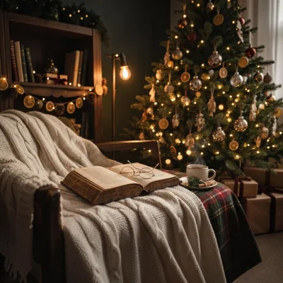 Cozy Reading Nook With Christmas Tree And Hot Drink