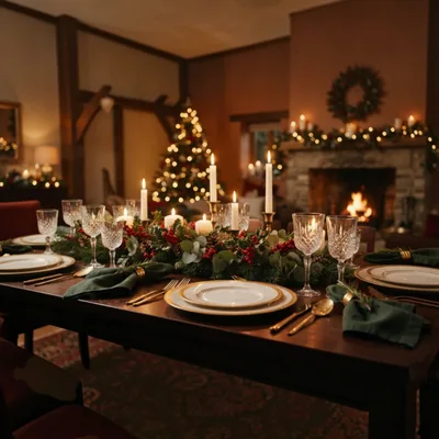Festive Christmas Dining Table Setting In Cozy Home