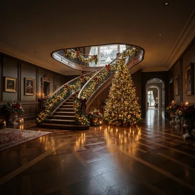 Grand Foyer Decorated For Christmas With Large Tree