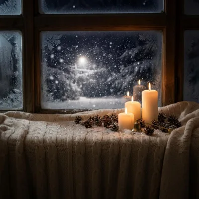 Cozy Winter Window Scene With Candles And Pinecones